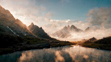 Lake between mountains with clouds