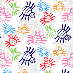 Kawaii vector seamless pattern. Cute blue smiling spider with colored legs and big eyes on background with hearts. 
