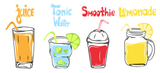 Non-alcoholic refreshing drinks. Set of hand drawn glasses of tonic water, juice, smoothie and lemonade. Vector illustration. Contour element