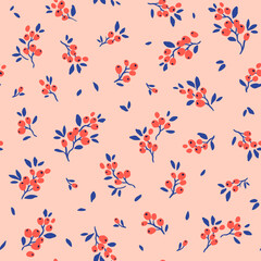 Beautiful floral pattern in small abstract berries. Small red flowers. Light pink background. Ditsy print. Floral seamless background. The elegant the template for fashion prints. Stock pattern.