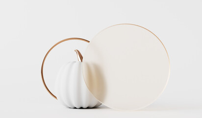 White and gold festive pumpkin with a glass frame. Halloween and thanksgiving background. 3D Rendering