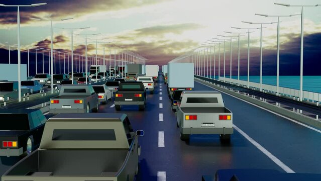Cars driving on a bridge, rising camera - 3D 4k animation (3840x2160 px).