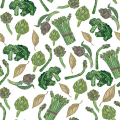 Watercolor vegetable seamless pattern useful greenery on a white background.