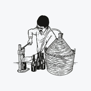 Vintage Classic Hand Drawing of  Man Bottling The Wine in Glass Bottles