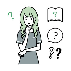 立って手をあごにあてて疑問を感じているエステ店員・受付・接客係の女性 クエスチョンマークのセット
