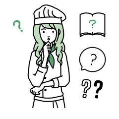 立って手をあごにあてて疑問を感じている調理師の女性 クエスチョンマークのセット