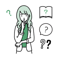 立って手をあごにあてて疑問を感じているジャケットの女性 クエスチョンマークのセット