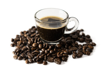A shot glass cup of Espresso coffee with handle and coffee bean isolated on white background
