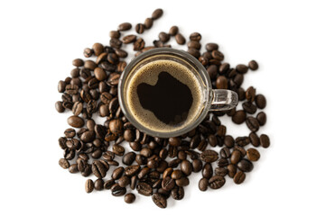 A shot glass cup of Espresso coffee with handle and coffee bean isolated on white background