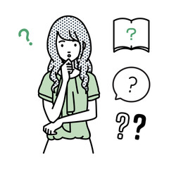 立って手をあごにあてて疑問を感じているオフィスカジュアルの女性 クエスチョンマークのセット