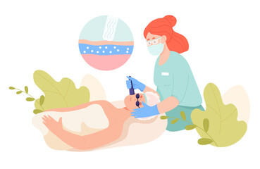 Doctor carrying out laser treatment of face of patient. Medical aesthetic procedure in clinic or hospital, skin rejuvenation therapy flat vector illustration. Dermatology, beauty, cosmetology concept