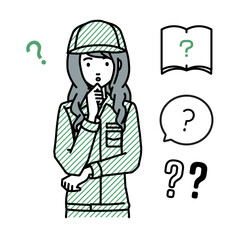 立って手をあごにあてて疑問を感じている作業員の女性 クエスチョンマークのセット