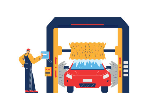 Automatic car wash tunnel, flat vector illustration isolated on white background.