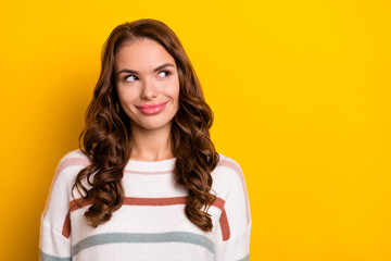 Closeup photo of young cute nice perfect girl lovely look interested empty space cool advert dating agency isolated on yellow color background