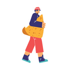 Male character with piece of cheese for healthy snack, flat vector isolated.