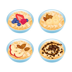 Bowl of oatmeal with fruits, nuts and chocolate icon set vector. Healthy cereal breakfast icons vector isolated on a white background. Oat flakes breakfast design element collection