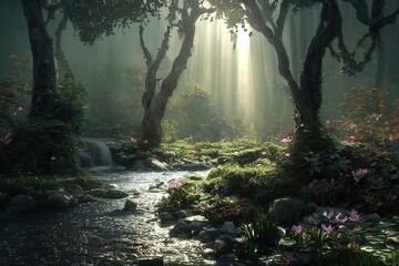 Bright rays of light in a fantasy mystic forest. Soft light, mysterious haze. Fairytale wallpaper. 3D render.