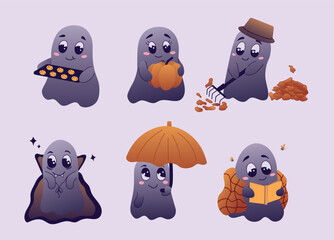 Set of cute funny happy ghosts with different emotions. Magical scary spirits for Halloween. Children's illustrations for a spooky holiday. Isolated vector characters in flat cartoon style.