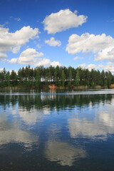 Summer landscape in the lake water reflects the forest and the sky with clouds.