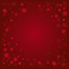 Christmas snow red background. Winter snowflakes subtle frame, greeting card, party event decoration. New Year Holidays gift coupon backdrop. Noel Vector illustration