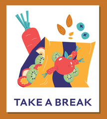 Fototapeta premium Take a break for healthy snack banner or poster template flat cartoon vector.