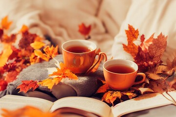 Naklejka na ściany i meble Woman's hand pouring tea in a cup while sitting on bed, reading book, relaxing at home in autumn fall season. Concept of cozy autumn at home, hygge. Banner for design, web page2d style, anime style --