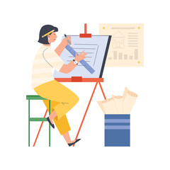 Woman designer making drawing flat style, vector illustration
