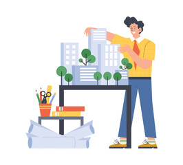 Architect drafting an architectural project flat vector illustration isolated.