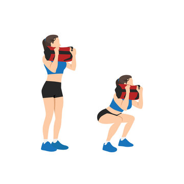 Woman doing Powerbag or sandbag squat in 2 steps in side view. Flat vector illustration isolated on white background