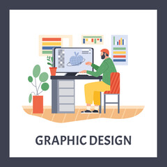 Fototapeta premium Graphic designer sitting at desk and working on 3D model, poster template with text, flat vector illustration.