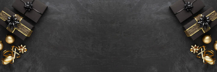 Merry Christmas and Happy Holidays greeting card, frame, banner. Black background.