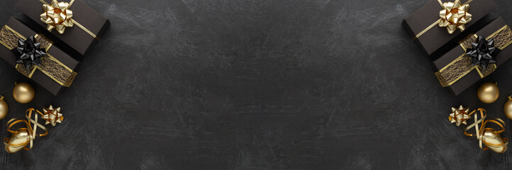 Merry Christmas and Happy Holidays greeting card, frame, banner. Black background.