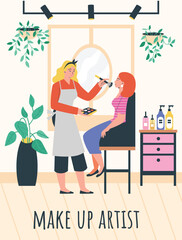 Poster with makeup artist working in salon flat style
