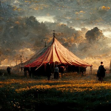 3D Rendering Of A Scary Circus Tent Inside The Carnival With A Broken Tent And Dark Vibes