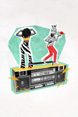 Vertical collage picture of two mini people black white gamma stand huge boombox dancing isolated...