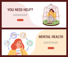 Mental health care and psychological support banners flat vector illustration.