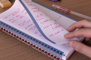 Man doing English homework reading a notebook page