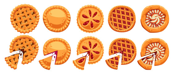 Different pies and slices cartoon illustration set. Top view of delicious homemade pies with fruit, apple, pumpkin and chocolate fillings. Bakery, pastry, food, restaurant, menu concept