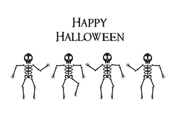 Banner of 4 dancing and jumping skeletons on a white isolated background.Happy Halloween. Vector illustration