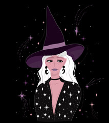 Witch girl character illustration. Halloween vector background.