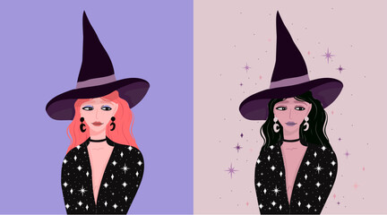 Witch girl fashion illustration. Halloween background.