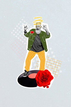 Vertical Collage Image Of Excited Cheerful Grandfather Black White Gamma Dancing Vinyl Record Red Rose Flower Isolated On Painted Background