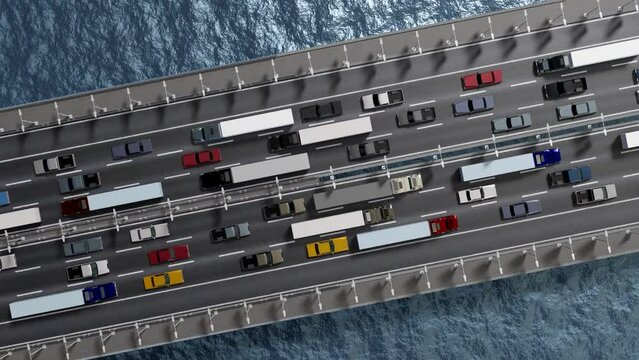Cars driving on a bridge - view from the above, rotating and zooming out camera - 3D 4k animation (3840x2160 px).