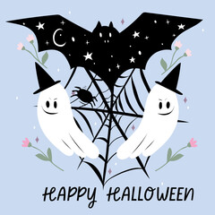 Halloween background with bat, ghost and spider web. Spooky vector illustration.