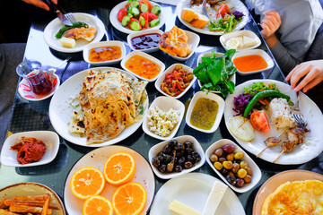 Traditional Turkish breakfast. Plates with various appetizers.