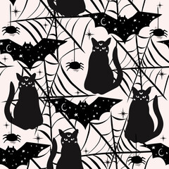 Seamless Halloween pattern with black cats, bats and spider webs.