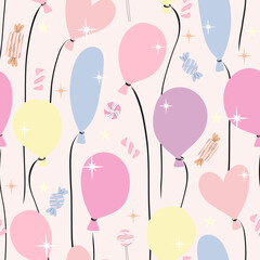 Birthday party seamless pattern with balloons and candies.