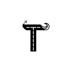 illustration of the letter T with roads, airports, sea, waves, runways and planes