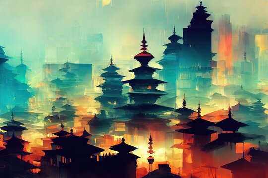 Kathmandu abstract city 2d Anime illustration V1 High quality 2d illustration