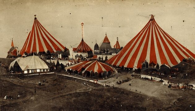 3D rendering of a Big circus tent with red and white colors blending with the lighting